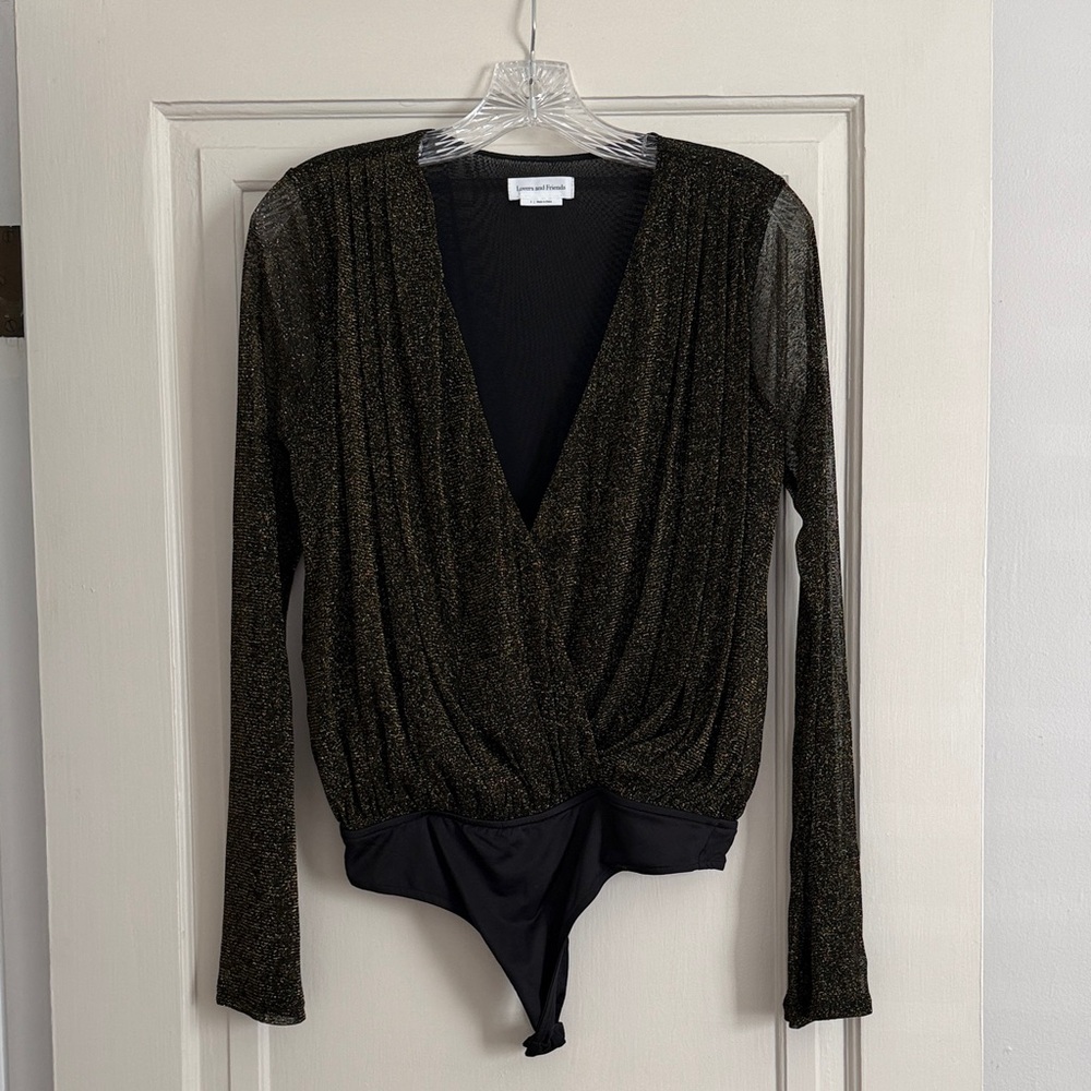 Lovers + Friends Black Metallic Wrap Bodysuit